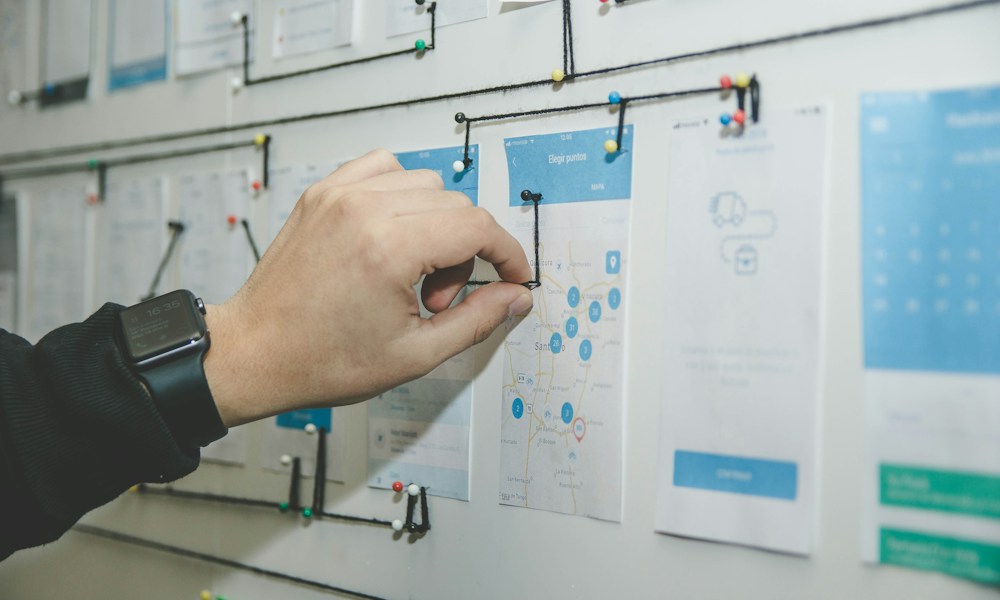 Project planning board with connected tasks and milestones for a digital roadmap